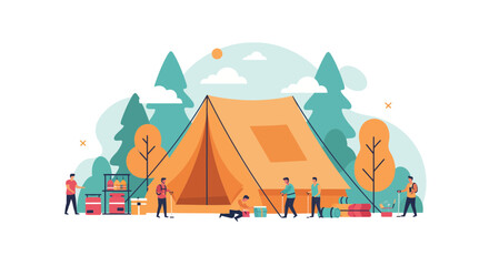 Fototapeta premium Vibrant camping scene with friends pitching tent in the woods, perfect for outdoor adventure, teamwork, and summer vacation promotions