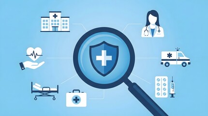 Comprehensive medical insurance coverage concept with magnifying glass focusing on protection shield,healthcare safety analysis with doctor and hospital icons,blue background