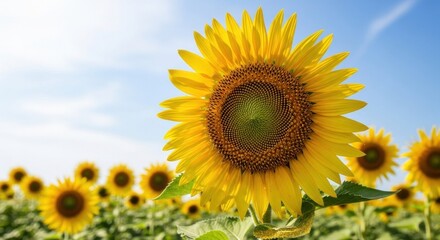 A vibrant sunflower with a blue sky in the background