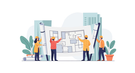 Architectural team collaborating on building blueprint in office, bringing urban dreams to life with modern design and expert planning for a brighter future