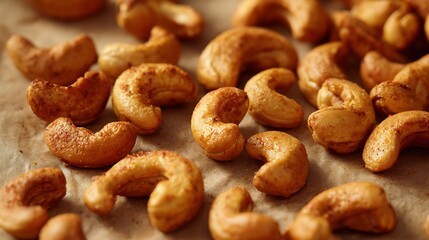 Elegant photo of A close-up shot of roasted cashew nuts scattered on a baking sheet, with a warm, inviting glow and a shallow depth of field.