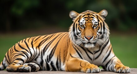 A majestic Bengal tiger lying on a wooden platform with a blurred green background.