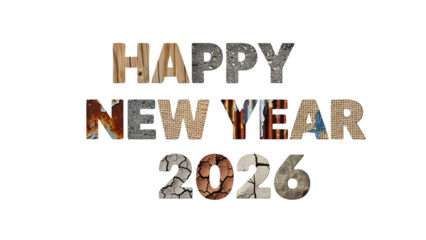 Happy New Year 2026 text with distressed, textured letters on a white background, featuring various material effects like wood, metal, and cracked earth.