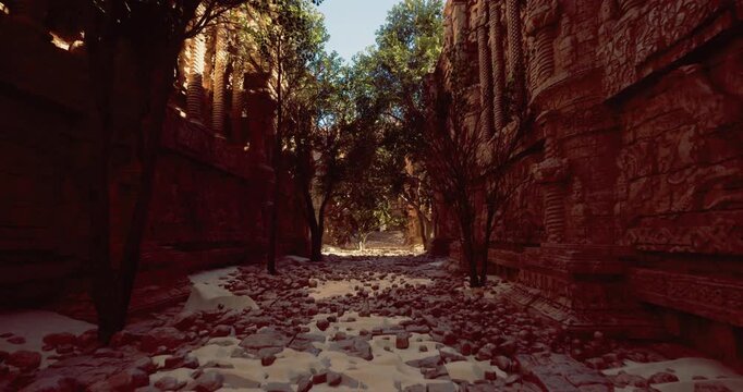 Amidst towering walls of ancient stone, a sunlit path reveals remnants of a temple lost to nature. Trees interlace with the ruins, creating a tranquil atmosphere rich in history.