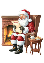 elderly caucasian santa claus in classic crimson suit reading an antique letter by a rustic fireplace, watercolor illustration style, warm amber light against transparent copy space, concept of