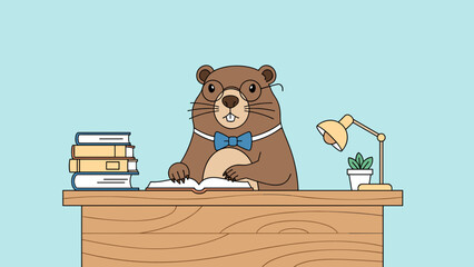 Fototapeta premium Studious groundhog wearing a bow tie reading a book at a desk with a lamp and decorations