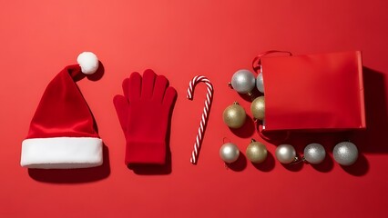 Santa Claus Hat, Gloves, and Gift Bag &ndash; Christmas Decoration Isolated on Red Background