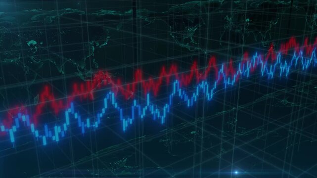 Blue and red stock market background candle chart index profit success trading diagram forecast information loss progress report curve economic investing management map digital world hologram.