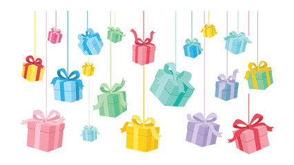 Hanging Present Elegance: A delightful array of suspended, colorful gift boxes, each adorned with elegant bows, evokes feelings of joyous anticipation, perfect for occasions of giving and celebration.