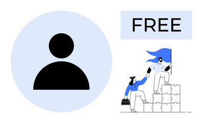 Teamwork, assistance, collaboration, free resources, user identity, empowerment. Two individuals helping each other climb puzzle blocks and a user profile icon. Teamwork and assistance concept