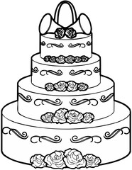 Black and white outline drawing of a large tiered wedding cake decorated with elegant roses and ornate scrollwork perfect for coloring activities on transparent background