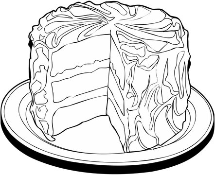 Delicious layered cake with a slice removed resting on a serving plate presented in a simple black and white outline drawing style for coloring on transparent background
