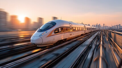 Fototapeta premium Dynamic photo of a fast rail vehicle speeding along a straight corridor with warm sunset light