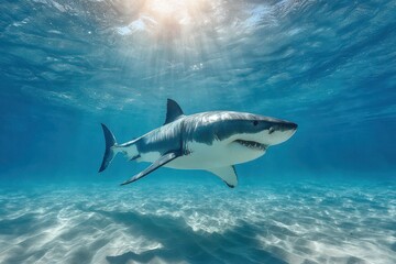 Obraz premium Dynamic ocean scene: great white shark in shallow, sunlit blue water