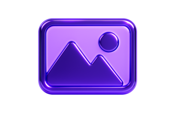 A glossy 3d render of a solid purple image or photo gallery icon, representing media, pictures, photography, and digital art, isolated on transparent background