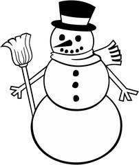 Charming black and white outline drawing of a classic snowman wearing a top hat and holding a broom perfect for winter coloring pages on transparent background