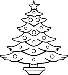 Simple black and white outline drawing of a decorated christmas tree with a star on top ready for holiday coloring fun on transparent background