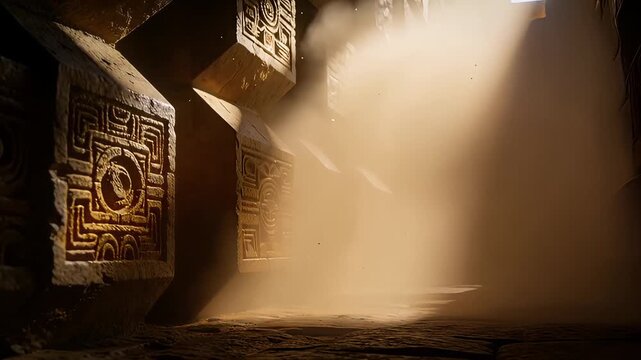 Ancient Temple Interior with Sunbeams and Hieroglyphs.