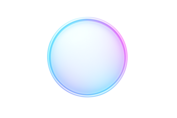 A beautiful 3d render of a smooth circular white button with a soft purple and blue neon glow outline, isolated on transparent background