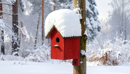 Fototapeta premium Red birdhouse covered in snow, attached to a wooden post, with snowy forest backdrop on a bright winter day