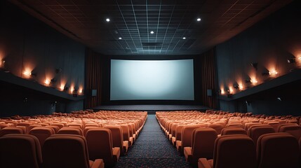 Naklejka premium Elegant photo of Empty Cinema Theater with Orange Seats and Blank Screen, Ready for a Movie