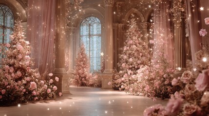 Dreamy pastel pink winter garden adorned with delicate Christmas trees, sparkling lights, and floral decorations, creating a magical atmosphere for the holiday season