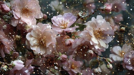 Delicate pastel pink winter flowers adorned with soft snowflakes create an enchanting festive atmosphere, perfect for Christmas and New Year celebrations with copy space