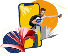 Energetic poster of excited student jumping from smartphone with flying books on transparent background. Concept of digital study enthusiasm, mobile learning freedom and youthful energy.