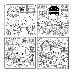 Cute Animal Coloring Pages Set, Cute Pets Coloring Page Pack. Vector illustration, line art