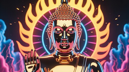 Golden Buddha statue with radiant neon halo and serene expression in a spiritual setting.