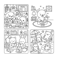 Cute Animal Coloring Pages Set, Cute Pets Coloring Page Pack. Vector illustration, line artobile