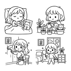 Cute Girl and Cat Coloring Pages Set Vector illustration, line art