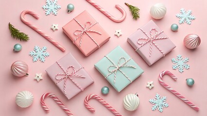 Pastel Pink Christmas Flat Lay with Gifts, Candy Canes, and Snowflakes