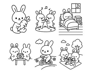 Cute Animal Coloring Pages Set, Cute Bunny Coloring Pages Set Coloring Page Pack. Vector illustration, line art