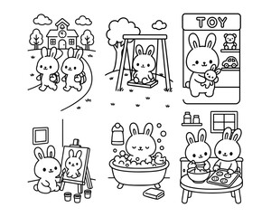 Cute Animal Coloring Pages Set, Cute Bunny Coloring Pages Set Coloring Page Pack. Vector illustration, line art