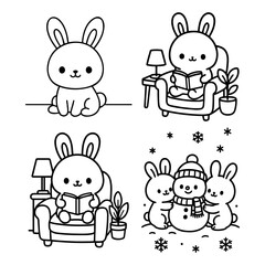 Cute Animal Coloring Pages Set, Cute Bunny Coloring Pages Set Coloring Page Pack. Vector illustration, line art