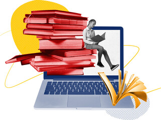 Modern collage of student sitting on stacked books emerging from laptop on transparent background. Concept of study dedication, focused learning rhythm and calm academic emotion.