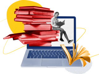 Modern collage of student sitting on stacked books emerging from laptop on transparent background. Concept of study dedication, focused learning rhythm and calm academic emotion.