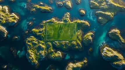 Soccer field on rocky island in the sea aerial view high resolution image