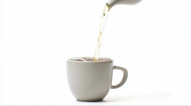 Pouring hot water from a white teapot into a ceramic cup on a white background, creating a refreshing beverage moment.