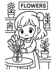 Cute Flower Shop Coloring Pages Set Vector illustration, line art