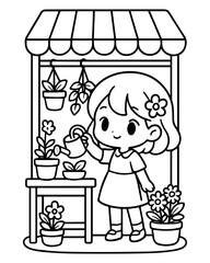 Cute Flower Shop Coloring Pages Set Vector illustration, line art