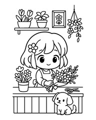 Cute Flower Shop Coloring Pages Set Vector illustration, line art