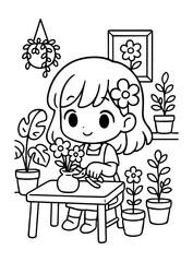 Cute Flower Shop Coloring Pages Set Vector illustration, line art