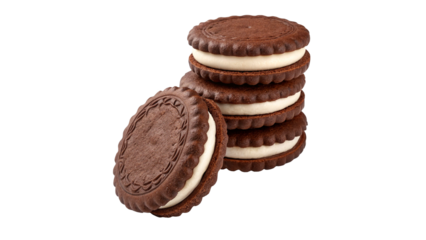 Stack of Round Plain Sandwich Cookies with Chocolate Cream Isolated on Transparent Background