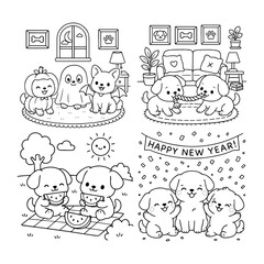 Cute Dog Coloring Pages Set Vector illustration, line art