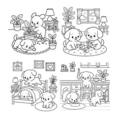 Cute Dog Coloring Pages Set Vector illustration, line art