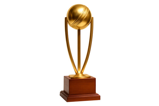 Golden cricket championship trophy with ball and upright stands on a wooden base isolated on transparent background