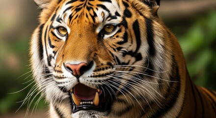 Naklejka premium A tiger with a fierce expression, staring directly at the camera, with its eyes glowing in the dark, set against a blurred green background.