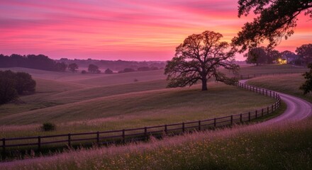 A serene rural landscape at sunset with a winding dirt road, a large tree, and a fence, with a pink and orange sky.